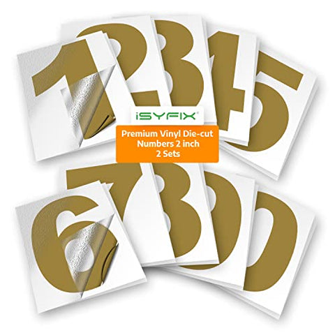 iSYFIX Gold Vinyl Numbers Stickers – 2 Inch Self Adhesive (2 Sets) Premium Decal Die Cut and PreSpaced for Mailbox, Signs, Window, Door, Cars, Trucks, Homes, Businesses, Address Numbers, Indoor or