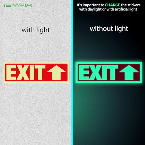 iSYFIX Exit Stickers Signs with Directional Up Arrow 2 Pack 12x4 Inch - Glow in the Dark Photoluminescent Vinyl for Office, School, Business, Warehouse - UV & Weather Resistant for Indoor/Outdoor Use