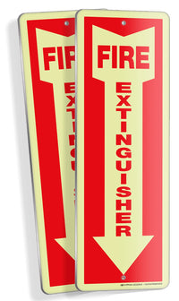 Fire extinguisher sign – glow in the dark aluminum, 4x12 in, 2-pack