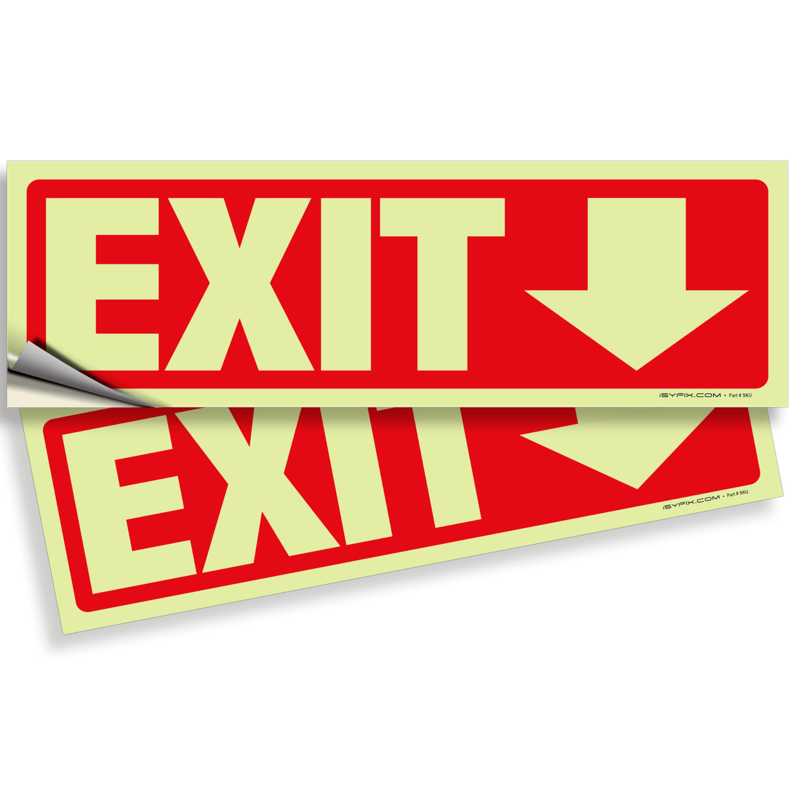 Glow in the dark exit sign with arrows — adhesive vinyl, down arrow, 12 x 4 inch