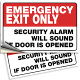 Emergency Exit Only – Alarm Will Sound Signs, Vinyl, 10 x 4 & 10 x 7 in