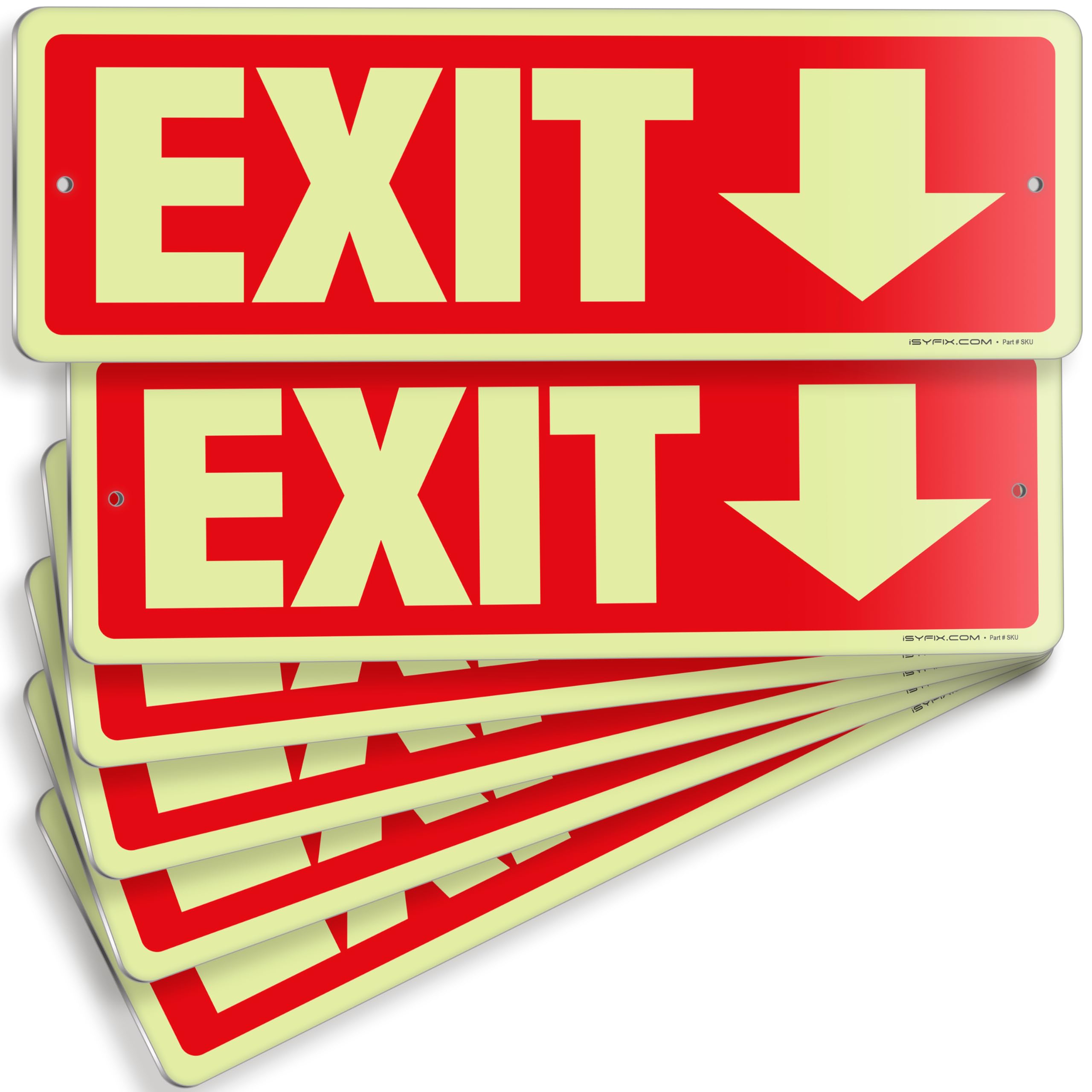 Glow in the dark exit sign with arrows — aluminum, down arrow, 12 x 4 inch
