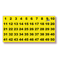 Square Consecutive Number Stickers 1–50 – Vinyl Labels, 7 Colors