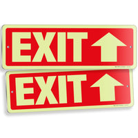 Glow in the dark exit sign with arrows — aluminum, up arrow, 12 x 4 inch