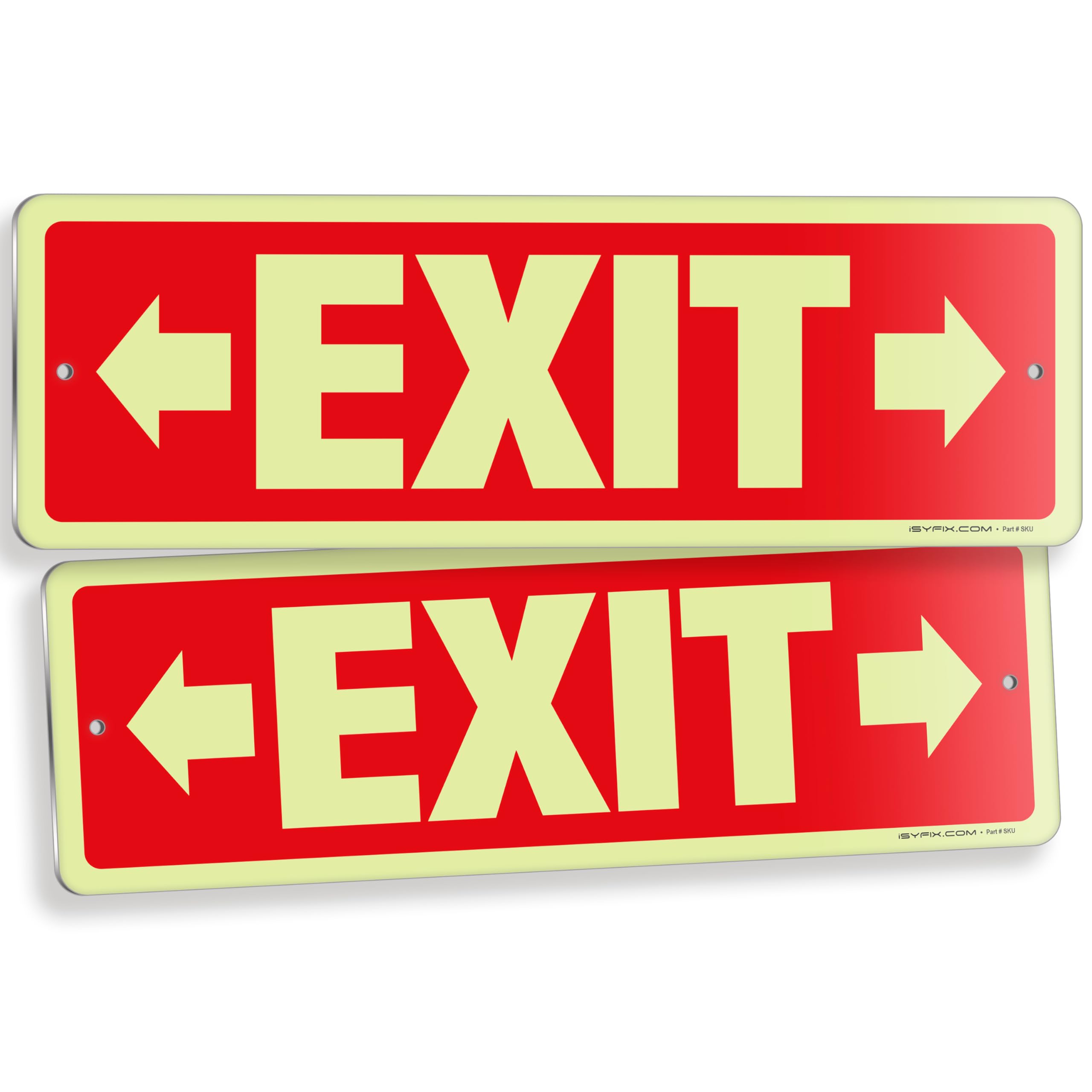 Glow in the dark exit sign with arrows — aluminum, right & left, 12 x 4 inch